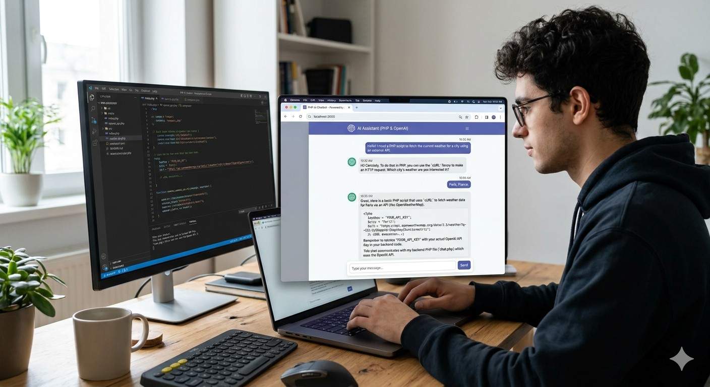 PHP chatbot connected to OpenAI API showing a conversation in a browser